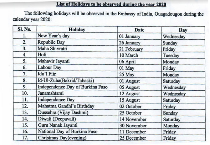 Embassy of India, Ouagadougou, Burkina Faso : Holidays at the Embassy