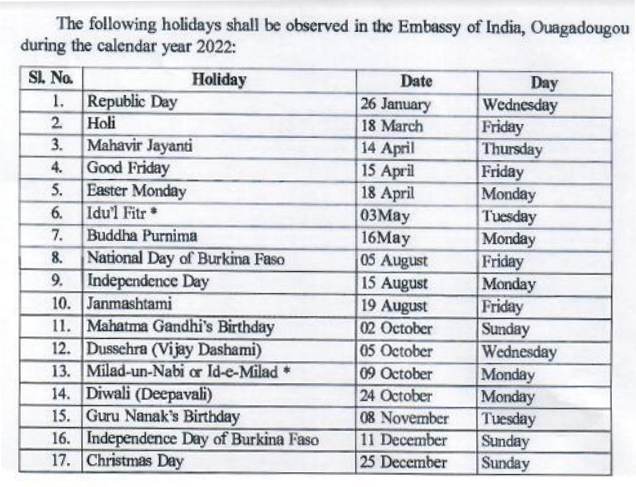 Embassy of India, Ouagadougou, Burkina Faso : Holidays at the Embassy