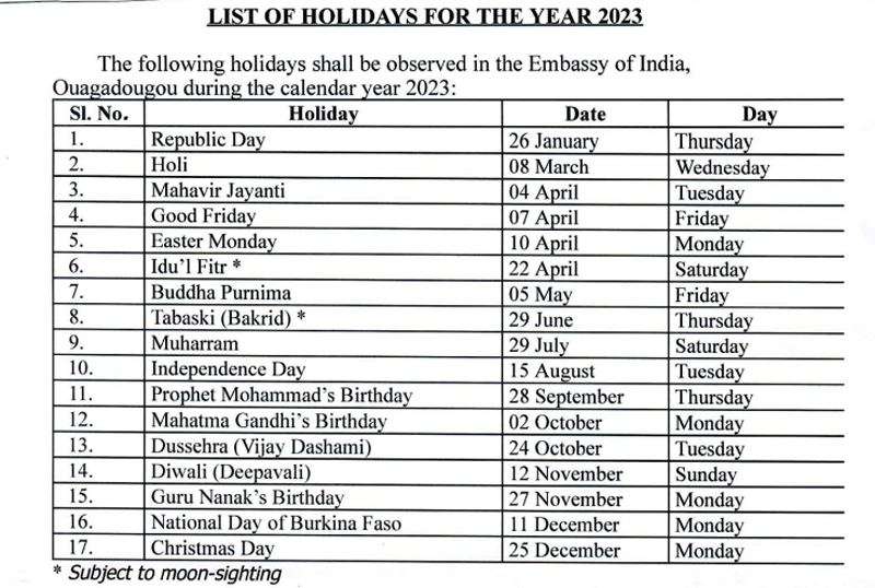 Embassy of India, Ouagadougou, Burkina Faso : Holidays at the Embassy